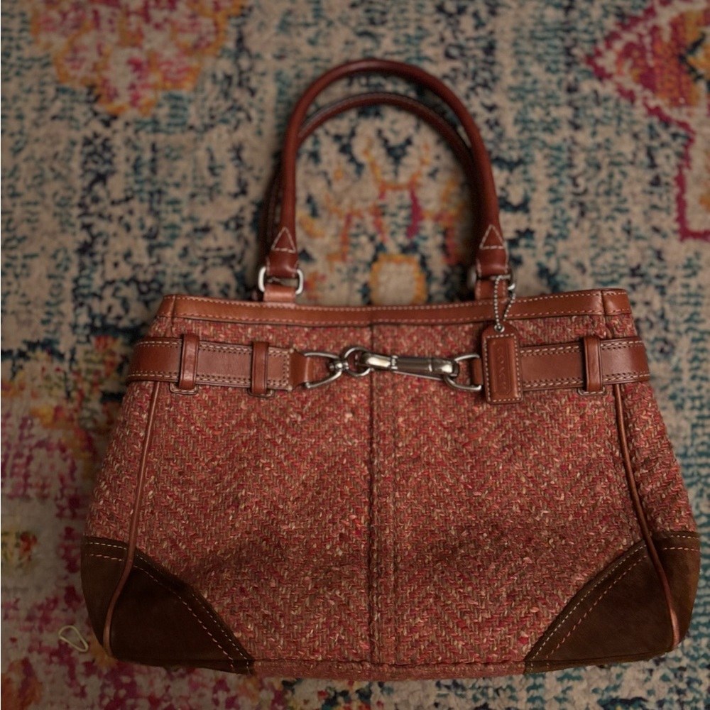 Coach Vintage Pink Rose Tweed Carryall Satchel Bag Brown Leather Suede Trim